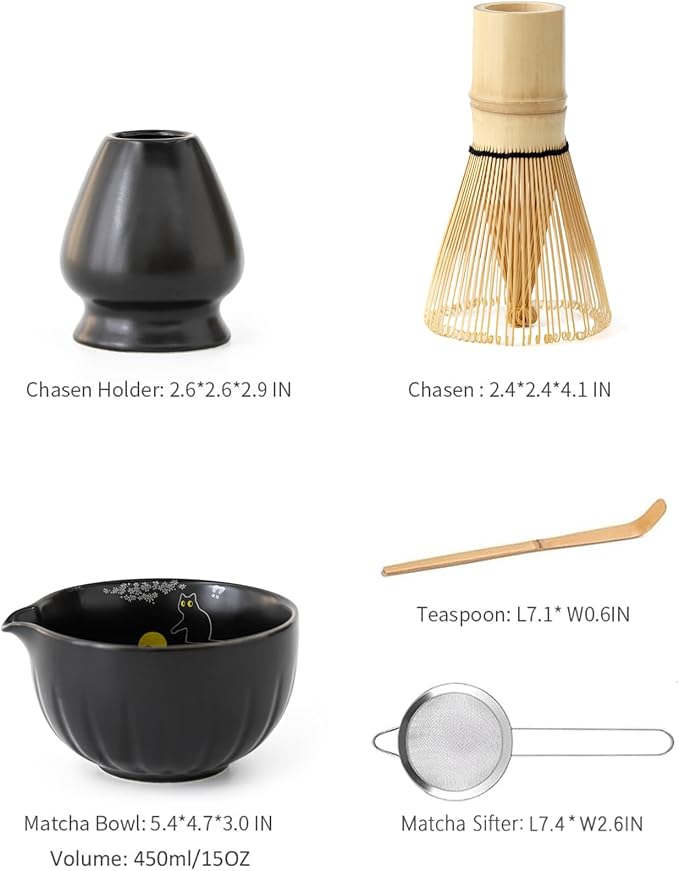 TANG PIN Premium Matcha Set - Traditional Japanese Matcha Making Kit with Spout Bowl (Chawan), Bamboo Whisk (Chasen) & Holder Stand - Complete Matcha Maker Starter Tools for Matcha Tea & Latt (Cat)