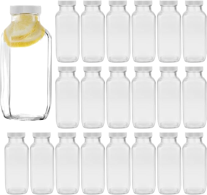 Encheng Vintage Water Bottles,Glass Drinking Bottles 16oz,Clear Beverage Bottle 500ml With Lids For Kombucha,Tea,Glass Bottles For Homemade Drinks,Travel Reusable Juicing Milk Bottle,20 Pack
