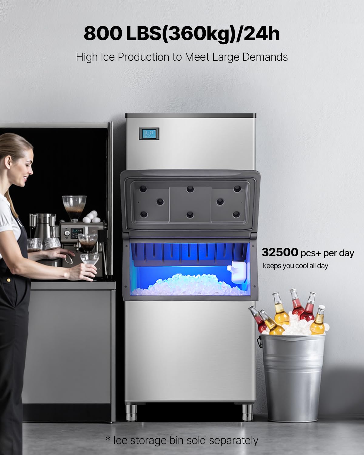 VEVOR Commercial Ice Maker Machine-Head 800 lbs/24 h, 26 Inch Stainless Steel Industrial Ice Machine, Self-Cleaning and Scheduled Ice Making, Modular Ice Cube Machine for Restaurant Hotel - Head Only