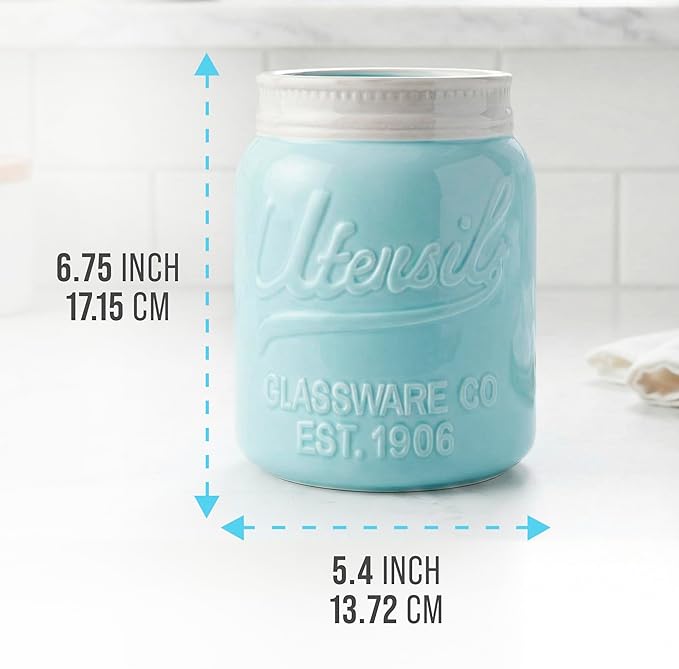 Comfify Wide Mouth Mason Jar Utensil Holder Decorative Kitchenware Organizer Crock, Dishwasher Safe - Kitchen Caddy Aqua Blue for Countertop, Large Size 7" Hight