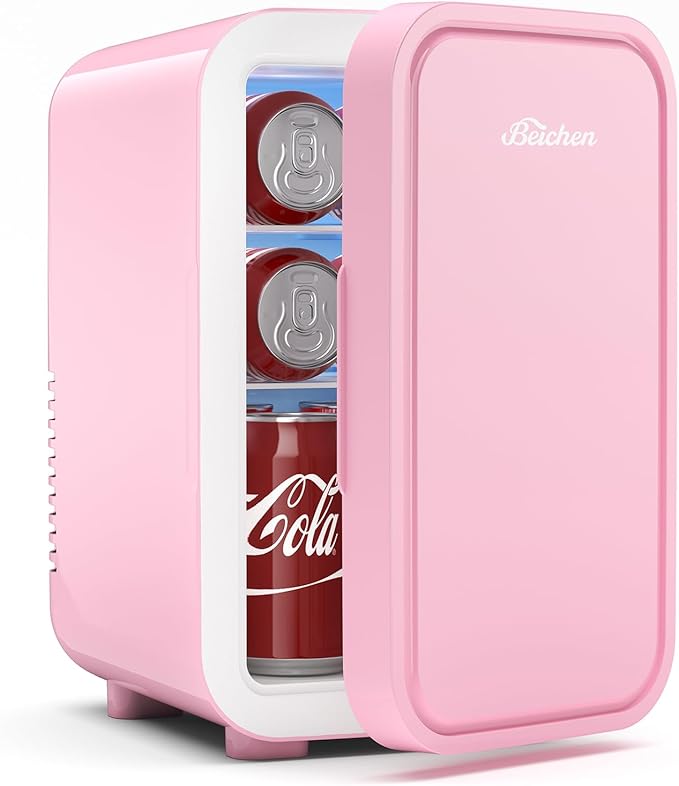BEICHEN Mini Fridge,6 Liter / 8 Can Small Fridge for Bedroom, Car, Office & Dorm, AC100-120 V/DC 12 V Portable Thermoelectric Cooler & Warmer for Skincare, Food, Drinks,Pink