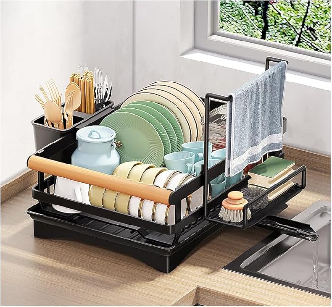 LMingKun Dish Drying Rack- Space-Saving Dish Rack, Dish Racks for Kitchen Counter, Stainless Steel Kitchen Drying Rack with a Cutlery Holder,12''W x 16''L, Black