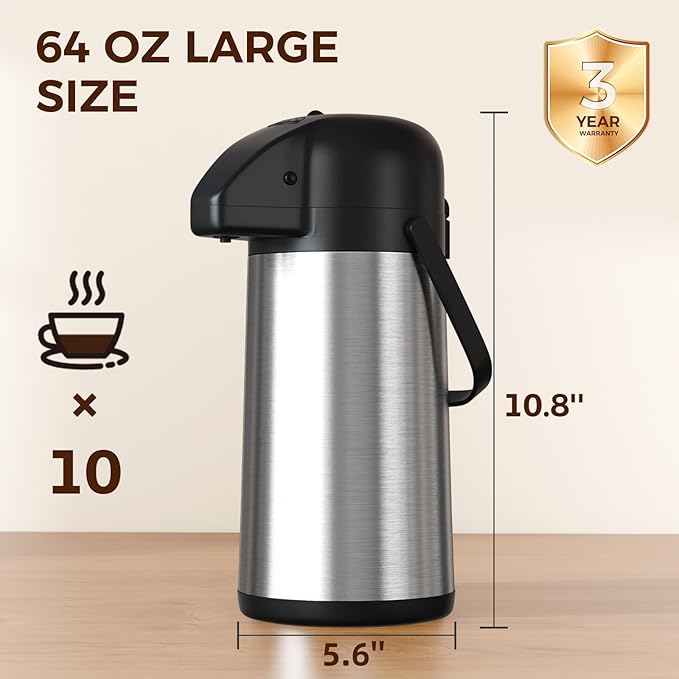 Coffee Carafe for Keeping Hot - Gezoss 64OZ / 1.9L Airpot Coffee Dispenser with Pump - Large Coffee Carafe for Hot Drinks Tea Liquid - Insulated Stainless Steel Hot Water Beverage Urn for Parties