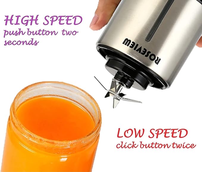 Portable Smoothie blender ROSEVIEW Glass bottle USB rechargeable mini Handheld Ice Shakes Cup 2 speed blend juicer Cordless Personal smoothies maker Fruit mixer (Metallic)