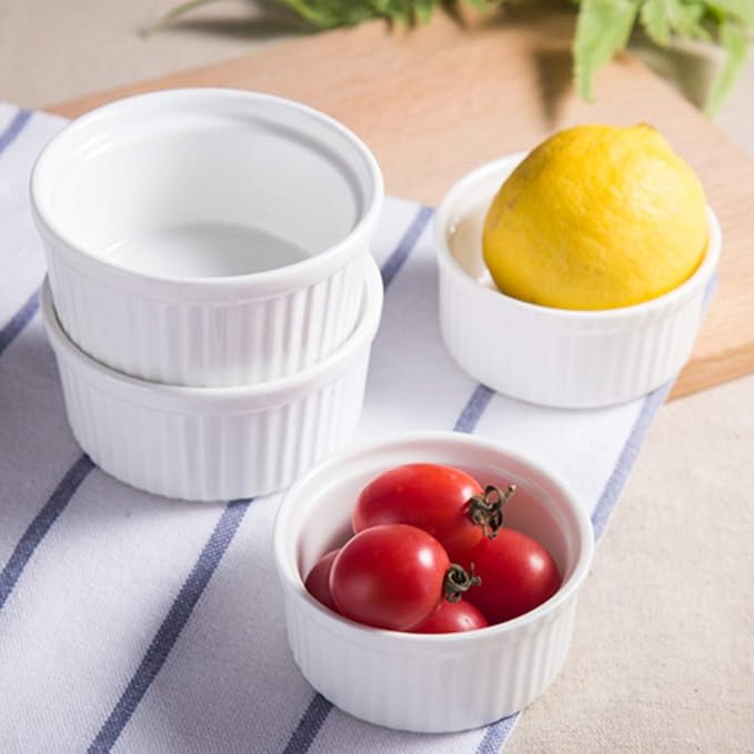 Foraineam Set of 12 Pcs 6 oz Porcelain Souffle Dishes, White Ramekins Bakeware Set Dessert Custard Baking Cups for Baking, Cooking, Serving and More
