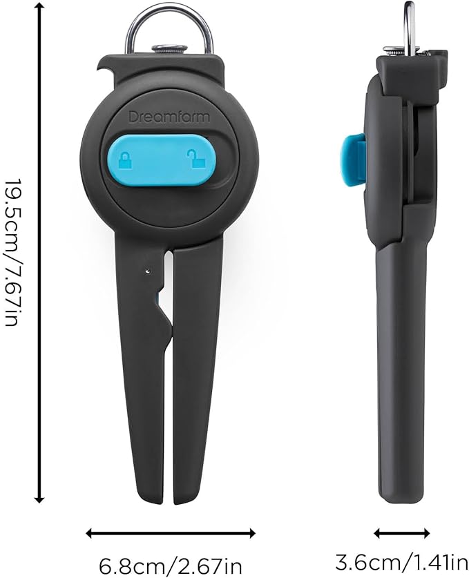 Dreamfarm Dopener 3-In-1 Ergonomic Can Opener Smoothes Can Edges for Safe Removal with Jar Lid Seal-Breaker & Can Ring Puller - Black