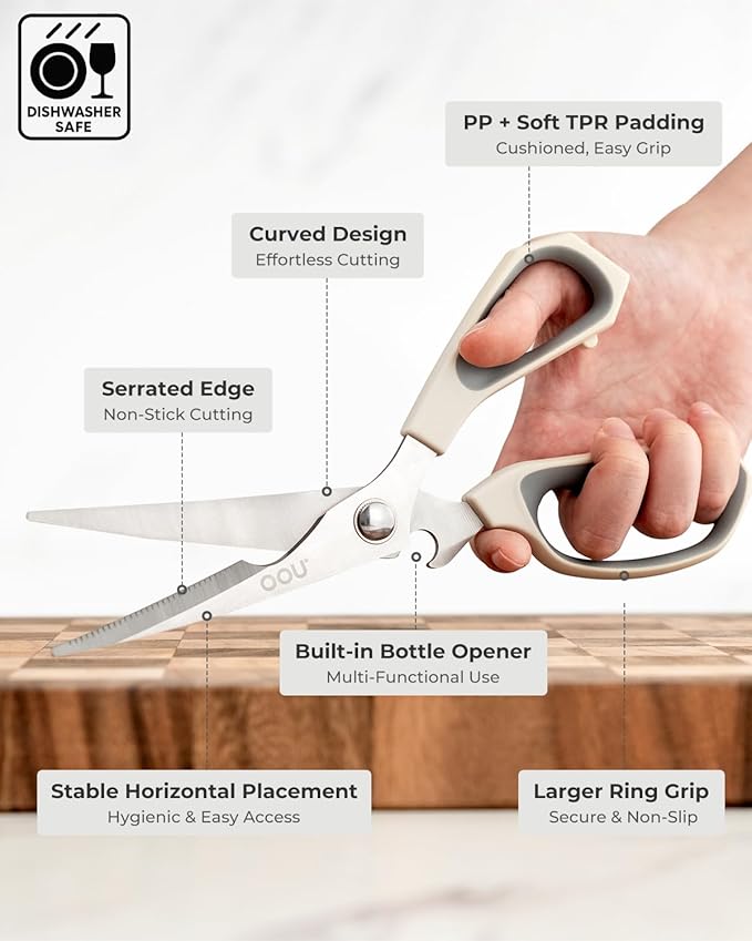 OOU Kitchen Scissors Set - Heavy Duty Stainless Steel All Purpose Shears 2-Pack, Comfort Grip Handles & Protective Sheath, Dishwasher Safe