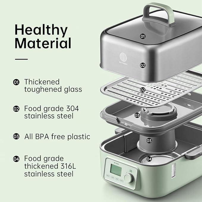 BUYDEEM G67US-A503 Electric Food Steamer for Cooking, 2 Tire Stainless Steel Steamer with Manual Mode, 1500W, 14 Quart, Green