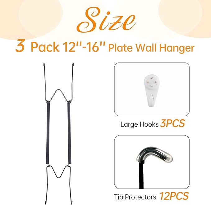 3 Pack Plate Hangers for The Wall, Suitable for 12-16 inch Art Plate, Stainless Steel Invisible Heavy Duty Wire Plate Holder with Wall Hooks, Plate Hangers for Displaying Plates, Platter, Dish, Black