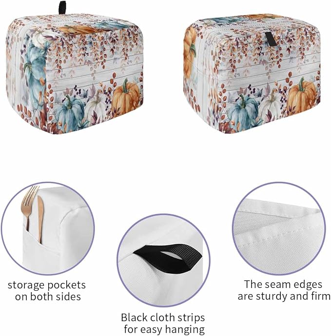 Orange Blue Pumpkins Fall Toaster Cover 2 Slice, Thanksgiving Eucalyptus Dustproof Bakeware Oven Protector with Hook, Gray Wooden Waterproof Small Kitchen Appliance Toasters Dust Cover, 12"x7.5"x8"