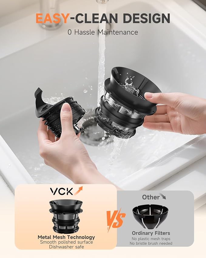VCK Cold Press Juicer - Large 5.12" Feed Chute, Easy to Clean, Slow Masticating for Nutrient Retention, Quiet Motor, High Juice Yield, Leakproof - Sliver