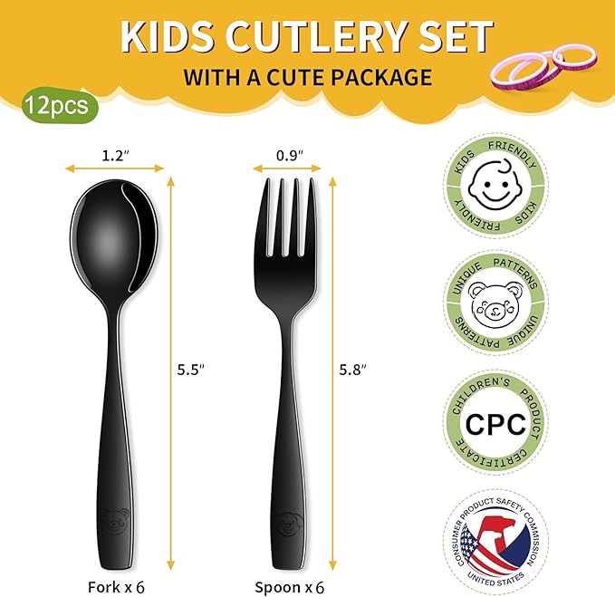 DEHOV Black Toddler Eating Utensils Set,Set Of 12 Food Grade Stainless Steel Silverware Sets For Kids,Dishwasher Safe Children Small Metal Spoons And Forks Flatware Sets