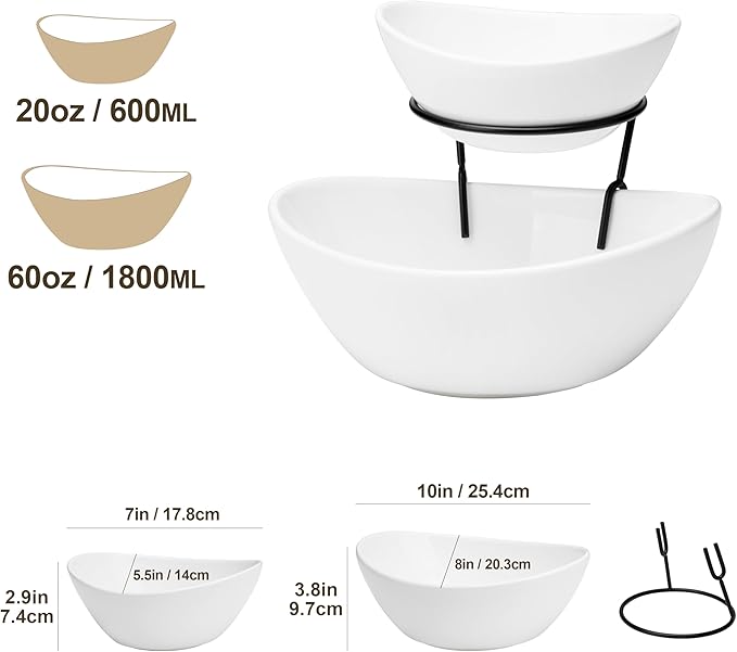 MALACASA 2 Tier Chip and Dip Serving Set with Metal Stand,Ceramic Appetizer Bowls for Party, Multi-Use Food Display for Fruits, Snacks,White Elegant Tiered Serving Dishes for Party