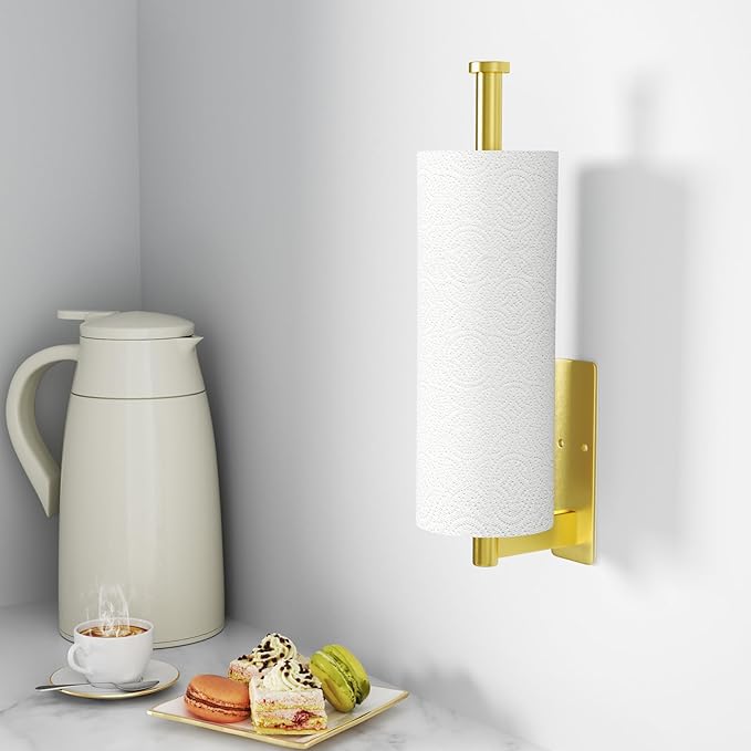 Paper Towel Holder Under Cabinet - Stainless Steel Paper Towel Holder Wall Mount, Self-Adhesive or Drilling, Matte Gold Towel Rack for Kitchen Organization and Storage, Kitchen Paper Roll Holder