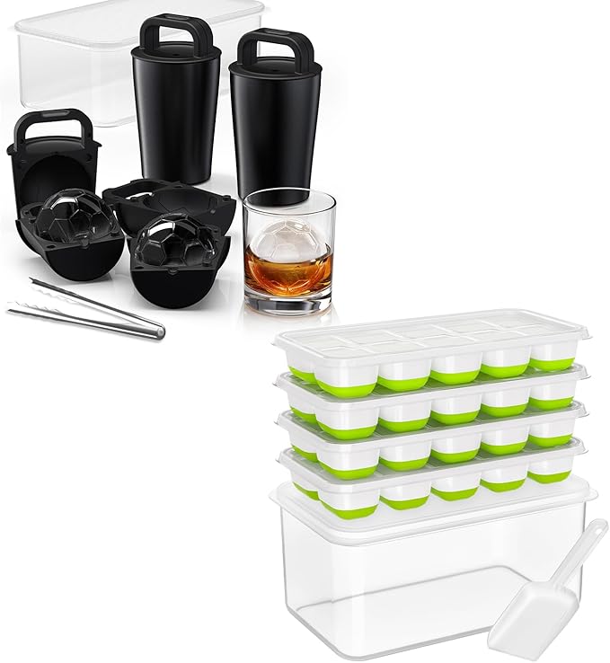 Ice Cube Tray with Lid and Bin - 4 Pack + Clear Ice Cube Maker 2.5"