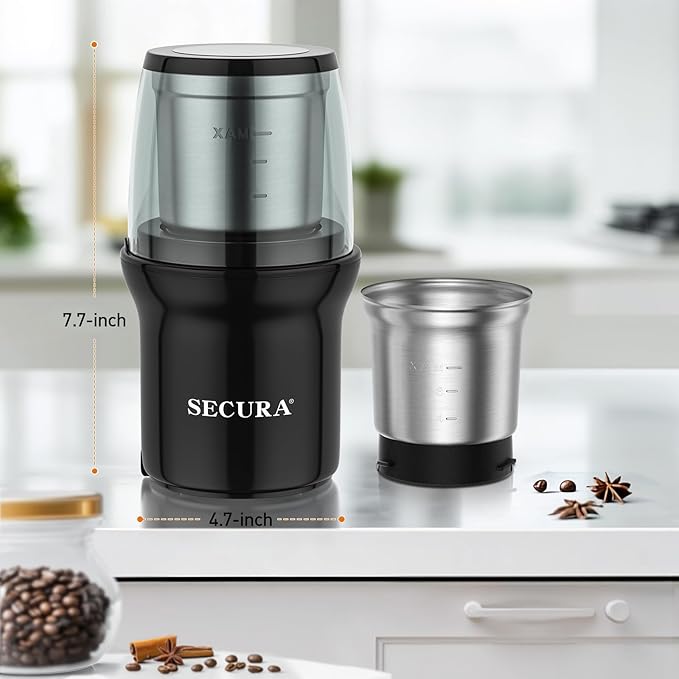 Secura Electric Coffee Grinder and Spice Grinder with Stainless Steel Blades, 2 Removable Bowls, Black