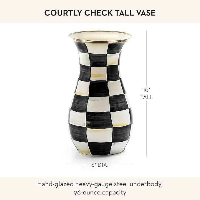 MACKENZIE-CHILDS Tall Enamel Vase, Unique Flower Vase, Decorative Table Decor for Living Room, Black-and-White Courtly Check