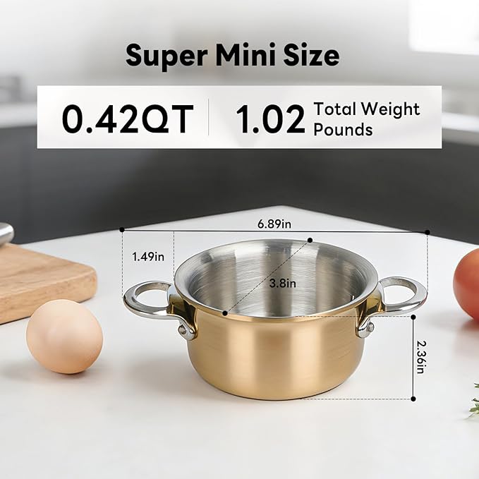 Macevia Mini Sauce Pan with Lid, Stainless Steel Butter Warmer Small Pot, For All Stoves Multipurpose Use for Home Kitchen or Restaurant (13.5oz/400ml) - Rose Gold