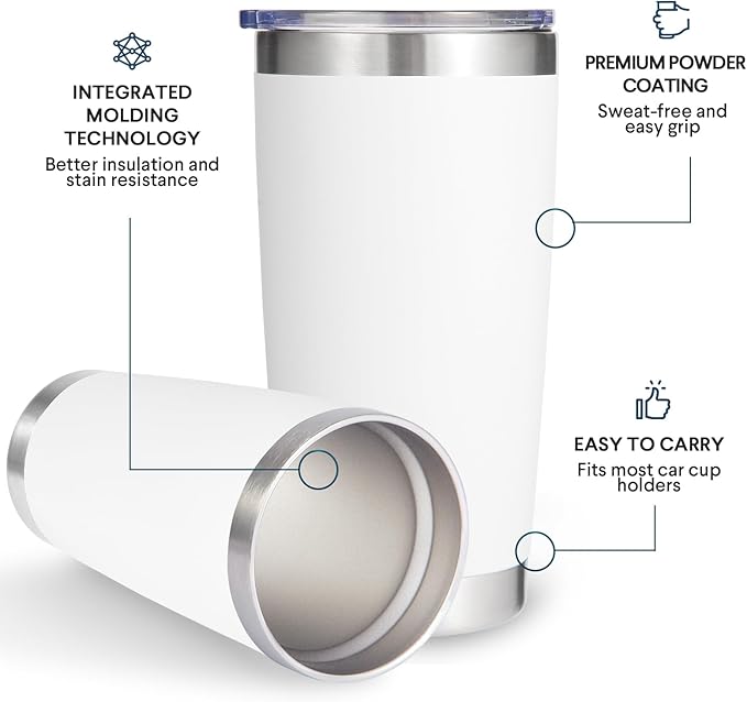 Volhoply 20oz Stainless Steel Tumbler with Lid and Straw Bulk 8 Pack,Double Wall Insulated Travel Iced Coffee Mug Fits Cup holder,Powder Coated Cups for Hot/Cold Drinks,Gifts for Women（White,8 Set）