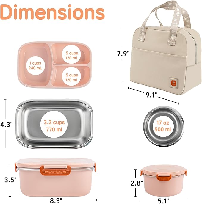 18/8 Stainless Steel Bento Box, Bento Lunch Box with Soup Bowl for Kids and Adults, Food Containers with Bag for Office or School, Pink