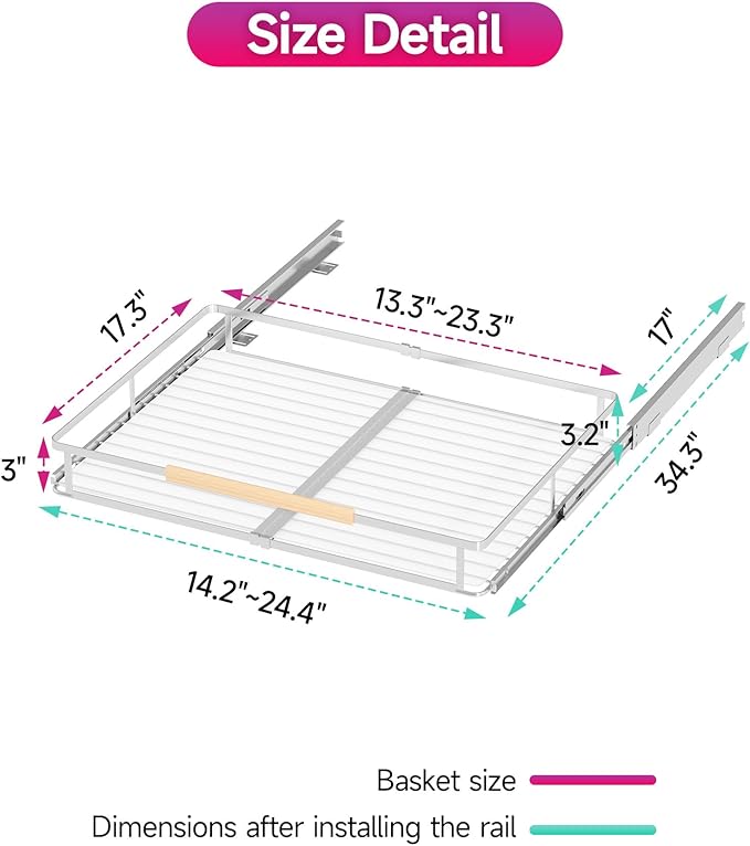 Pull Out Cabinet Organizer, Expandable(14.2"~24.4") Cabinet Drawers Slide Out, Adjustable Width Roll 0ut Shelf Cabinet Organizer for Kitchen Base Cabinet Organization (Medium, 1Pack)