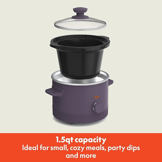 bella 1.5 Qt Slow Cooker with 3 Heat Manual Control, Ceramic Nonstick Coating, Dishwasher Safe Stoneware Pot and Tempered Glass Lid, Tangle Free Cord Wrap & Cool Touch Handles, Plum