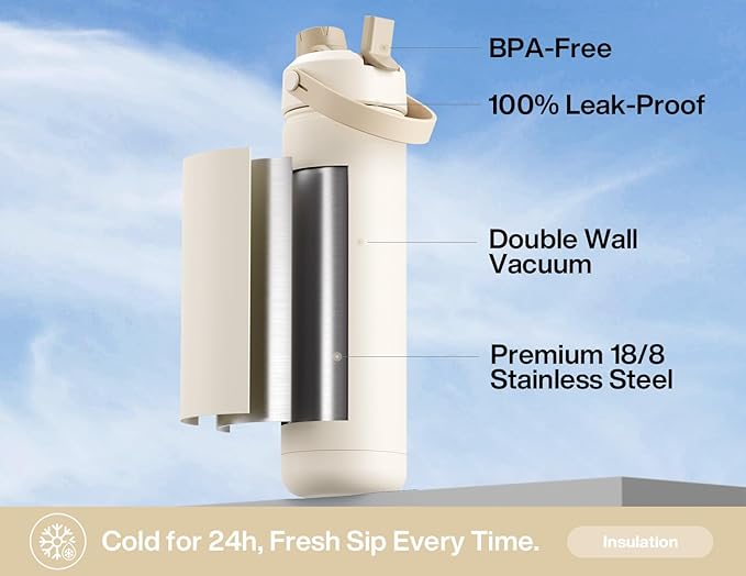 POWCAN 26 oz Insulated Water Bottle with 2-in-1 Straw and Spout Lid, Keep Cold 24H, Leak-Proof, Fits in Car Cup Holder, Stainless Steel Water Bottle for Gift, Gym, Travel and Home (Ivory Porcelain)