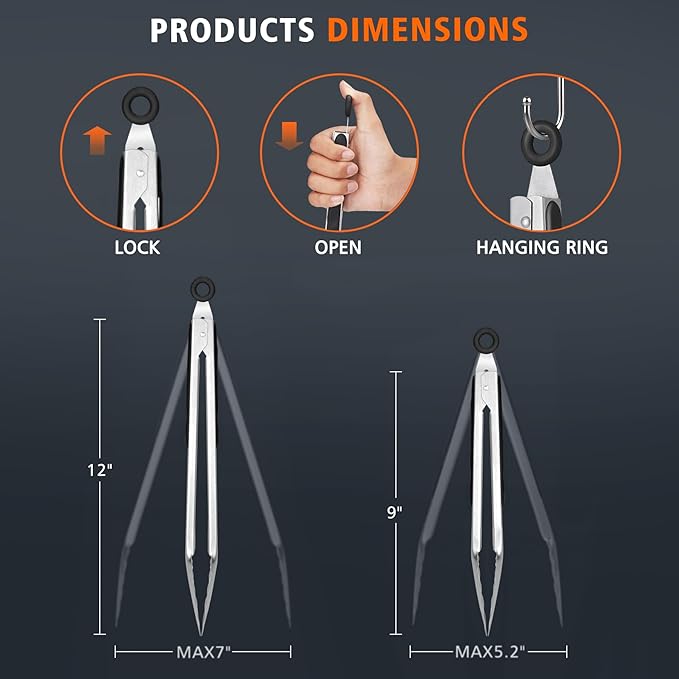 Hotec Stainless Steel Kitchen Tongs Set of 2 - 9" and 12", Locking Metal Food Tongs Non-Slip Grip