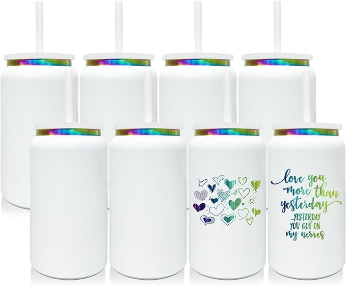 8 Pack Glass Cups with Lids and Straws, 16 oz Stainless Steel Cups, Insulated Skinny Tumbler, Powder Coated Travel Tumblers for Laser Engrave, Iced Coffee Cup for Smoothie Water DIY Gift(White,8 pack)