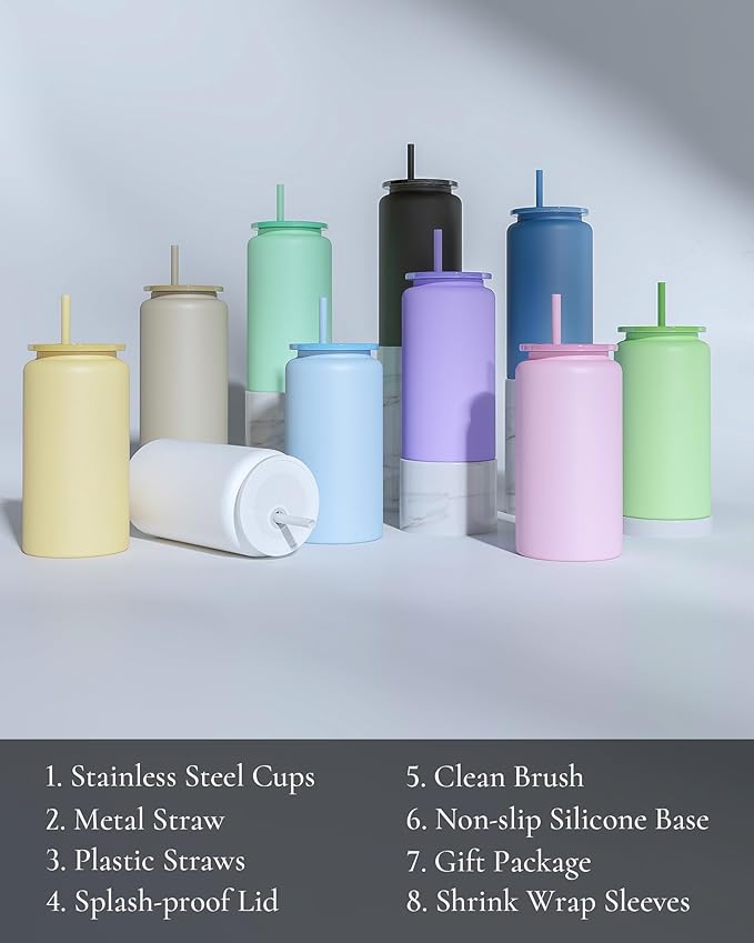 16oz Glass Cups With Lids and Straws, Stainless Steel Beer and Iced Coffee Cups, Smoothie Drinking Cup, Light Green (Textured Matte Finish, Not Sublimatable)