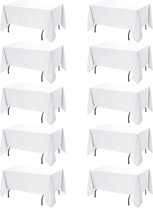 10-Pack White Tablecloths for Rectangle Tables, 70 x 120 Inches, Stain-Resistant Polyester Fabric for 6 Foot Tables - Washable Table Covers for Weddings, Banquets, Birthday Parties, Events