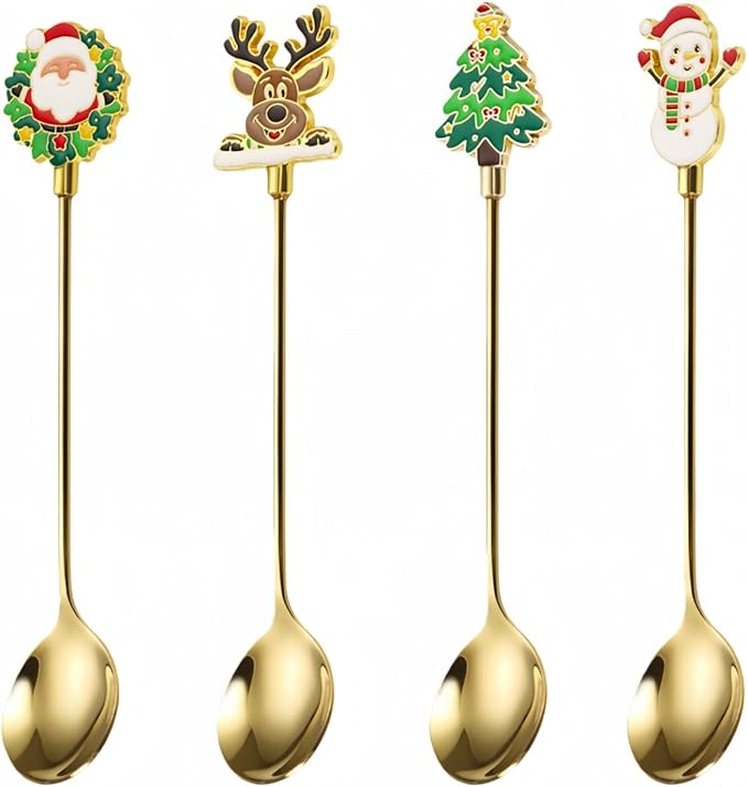 Christmas Teaspoon Gift Set of 4 | Premium 304 Stainless Steel Mirror Finish & Rust-Resistant | Small Spoon for Tea, Dessert & Coffee | Dishwasher Safe Hostess & Holiday Gift | Christmas Table Decor