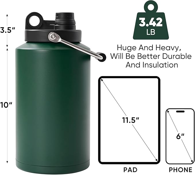 Kerilyn Insulated Gallon Jug with Handle, One Gallon, 128 Ounces Stainless Steel, Large Double Vacuum Water Bottle for Hot & Cold Drinks, Wide Mouth, Sweat Proof, Great for Travel, Camping, Green