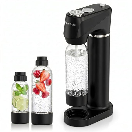 Home Sparkling Water Soda Maker with 2 BPA-Free Bottles (1L + 0.5L) - Carbonated Water Seltzer Fizzy Drink Machine, Compatible with Screw-In 60L CO2 Carbonator (Not Included), Black