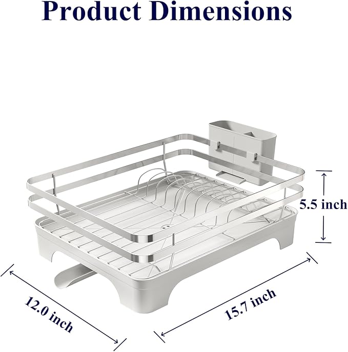 Kitsure Dish Drying Rack - Multi-Functional Dish Rack for Kitchen Counter with Cutlery Holder, Rust-Proof Storage Solution with Rotatable, 15.7" x 12.0" x 5.5", Sliver Grey