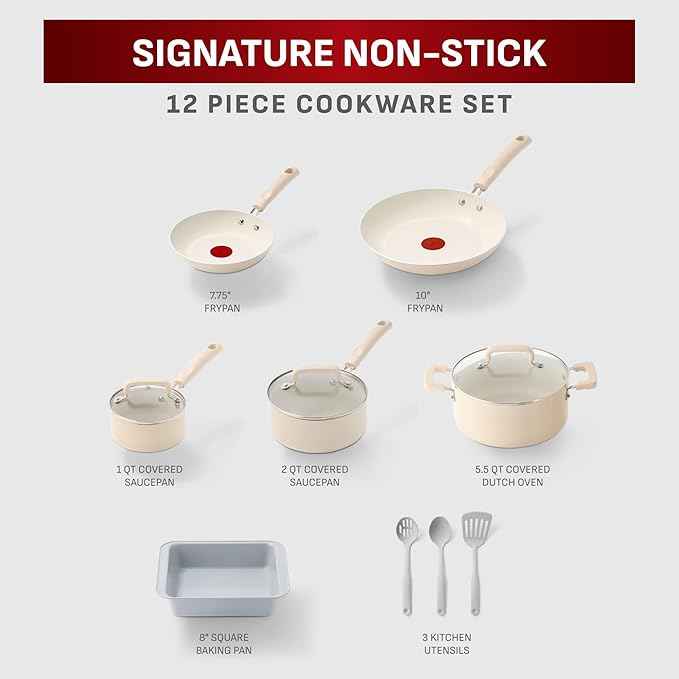 T-Fal Signature Nonstick 12 Piece Cookware Set, Oven Safe Up to 350°F, Dishwasher Safe, Pots and Pans Set, Includes Frying Pans, Saucepan, Stockpot, Cooking Utensils, Beige