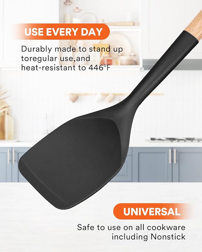 Nonstick Silicone Spatula, Non Scratch Flexible Edge for Pans, Slip Resistant comfortable Wooden Handle, Heat Resistant BPA-Free Kitchen Spatulas for Cooking, 13.2 Inch, BLACK