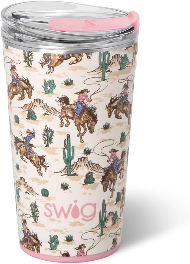Swig Life 24oz Party Cup, Stackable Insulated Travel Coffee Tumbler with EZ Slider Lid, Cup Holder Friendly Travel, Stainless Steel 24 oz Tumbler, Reusable Mug (Giddy Up)