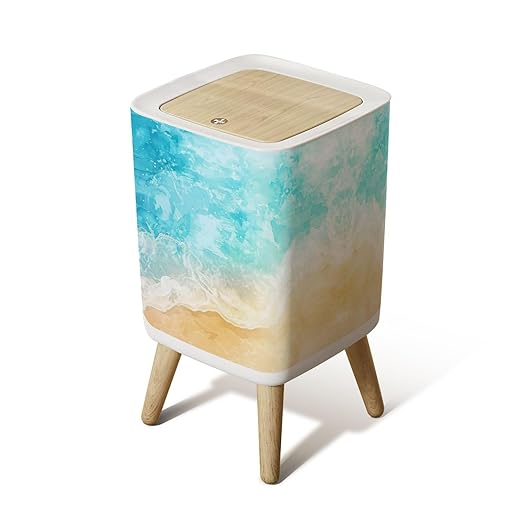 Small Trash Can with Lid Abstract Beach Sea Summer Grunge Background Wave Sand Pastel Crayon Wastebasket with Press Cover Dog Proof Garbage Can Waste Bin for Kitchen Bathroom Nursery 2.6 Gallon