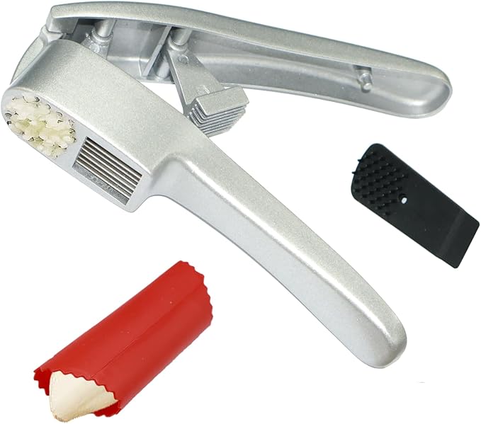 QPQ 2-in-1 Professional Garlic Press and Peeler Set, Aluminum Kitchen Tool with Built-in Cleaner, Manual Crusher and Mincer for Unpeeled Garlic Cloves,Fast And Portable Garlic Peeler