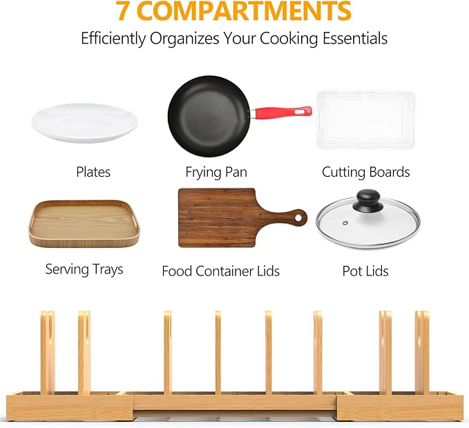 Expandable Pot Lid Organizer, Bamboo Pot and Pan Organizer for Under Cabinet, 16" to 28" Adjustable Length and 8pcs Dividers