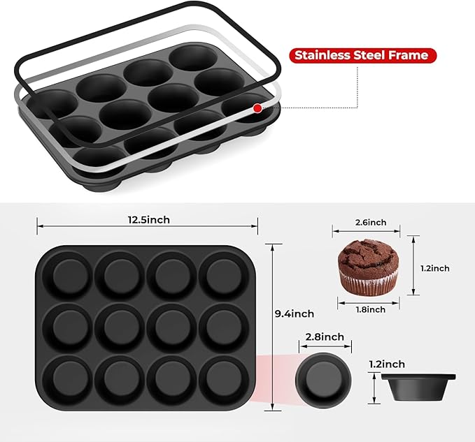Silicone Muffin Pan for Baking: 12 Cup Muffin Pan with Metal Reinforced Frame, Regular Size Cupcake Egg Bites Molds for Baking, BPA Free Silicone Muffin Tray, Dishwasher Safe (1 Pack, Black)