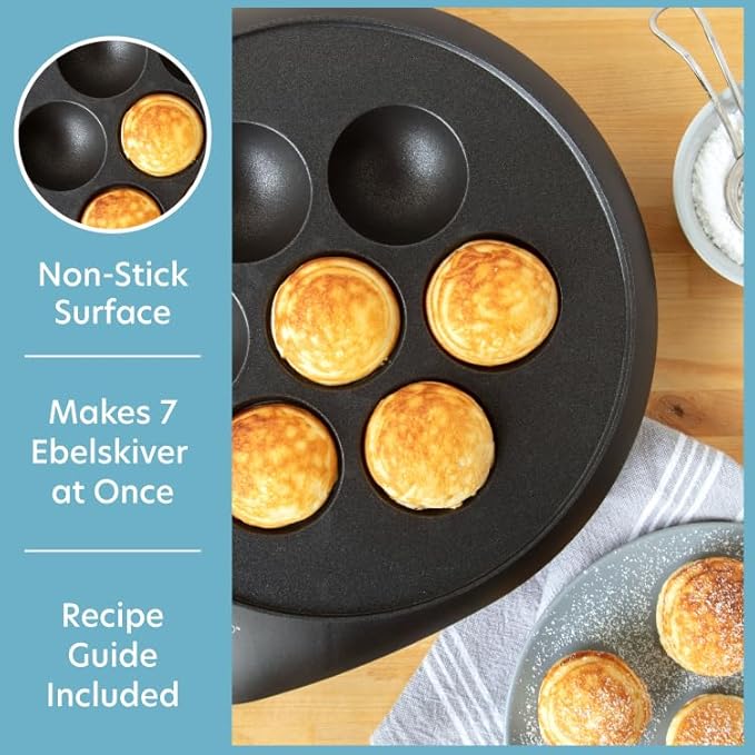 Ebelskiver Maker- Electric Non-stick Baker for Making Takoyaki, Ebelskiver or Octopus Balls, Aebleskivers, Donut Holes & Cake Pops, Unique Danish Mini Pancakes or Dessert Treat- Baking Gift for Her