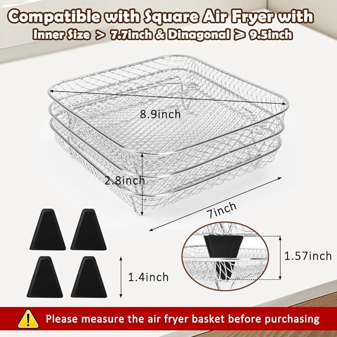 BYKITCHEN 7 Inch Air Fryer Rack Fit for Ninja Crispi/Ninja Pro 5QT/ Cosori 5QT/ Chefman 5-6QT Airfryer &More, Air Fryer Accessories, 3pcs Stackable Stainless Steel Airfryer Basket with Silicon Feet