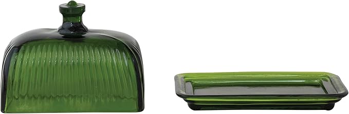 Creative Co-Op Pressed Glass Butter Dish, Green