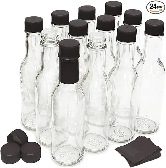 Hot Sauce Bottles with Shrink Bands, 5 Oz (Black Cap, 12 Pack)