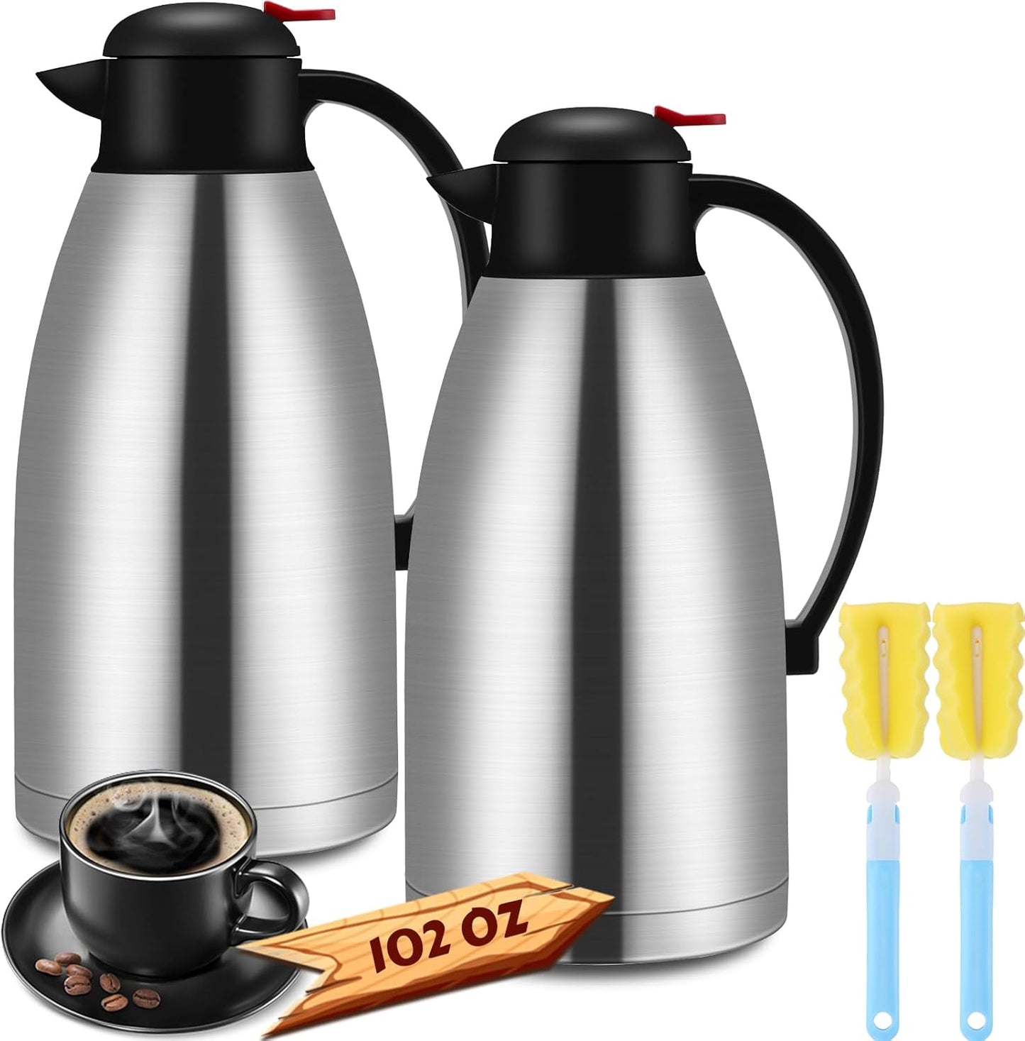 Nuogo 2 Pcs 102 oz Thermal Coffee Carafe Insulated Stainless Steel Carafe Double Walled Vacuum Coffee Thermal Pot with Brush for Home Office Use Keep 24 Hours Hot Water Tea(Silver)