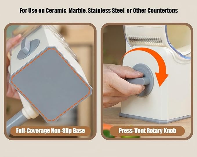Rotary Cheese Grater with Hand Crank, Multi-Purpose Shredder Slicer with 3 Interchangeable Stainless Steel Blades for Shredding, Slicing, and Grating Cheese, Vegetables, and Fruit (Beige)
