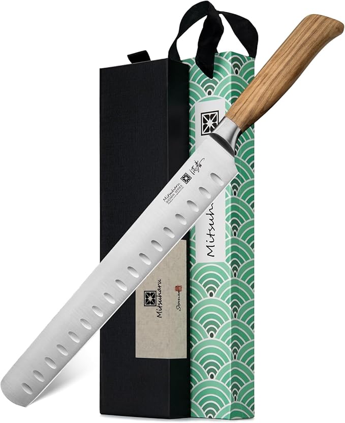 Mitsuharu 10.75" Slicing Knife, SHOMAN Series Brisket Knife for Meat Cutting with Ergonomic Olive Wood Handle, German Steel Meat Carving Knife for BBQ Brisket Turkey Ribs Roast Beef with Case