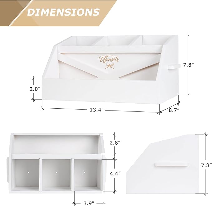 Innovation Kitchen Utensil Holder for Countertop with 4 Compartments, Wood Utensil Organizer for Cooking Tools, White (Utensil Not Included)